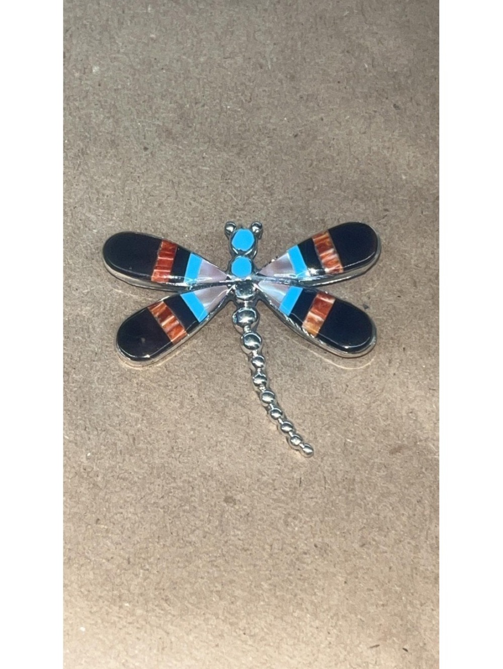 Zuni cluster turquoise multi stone traditional sterling silver inlay dragonfly